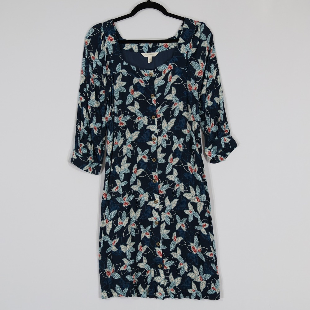 Garnet Hill Floral Dress Womens Medium Blue Botanical Leaf Button Front Pockets